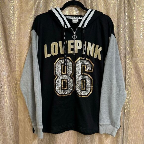 PINK Victorias Secret 86 Black Gold Silver Sequin Bling Glitter Sweater Large - Picture 1 of 8